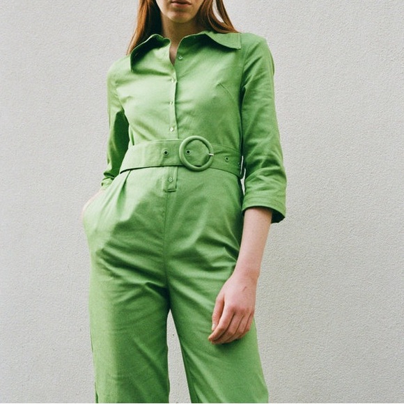 House of Sunny Golden Years Lime Green Belted Coveralls Groovy Jumpsuit Size 2 - Picture 13 of 16